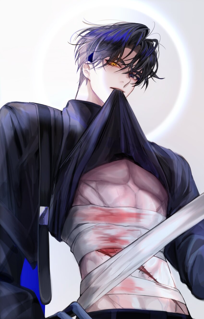 1boy, abs, absurdres, bandaged_torso, bandages, black_eyes, black_gloves, black_hair