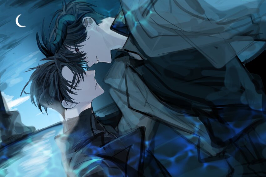 2boys, belt_collar, black_coat, black_hair, black_shirt, blue_sky, caustics, chest_belt