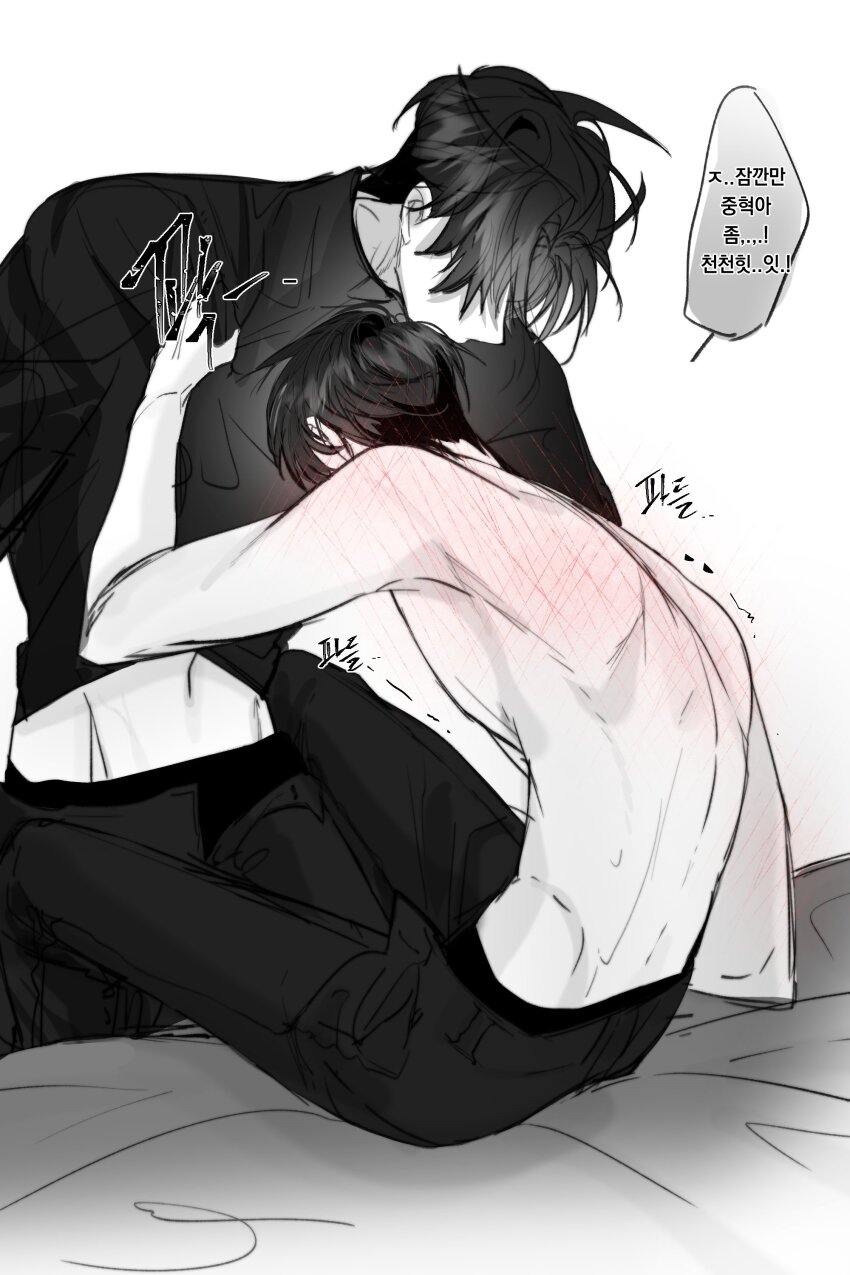 2boys, absurdres, bed, black_hair, black_shirt, blush, clothes_lift, commentary_request, curtained_hair, hayu_beck, highres, kim_dokja, korean_commentary, korean_text, male_focus, midriff, multiple_boys, omniscient_reader's_viewpoint, shirt, shirt_lift, short_hair, sitting, sound_effects, speech_bubble, sweatdrop, topless_male, translation_request, yaoi, yoo_joonghyuk