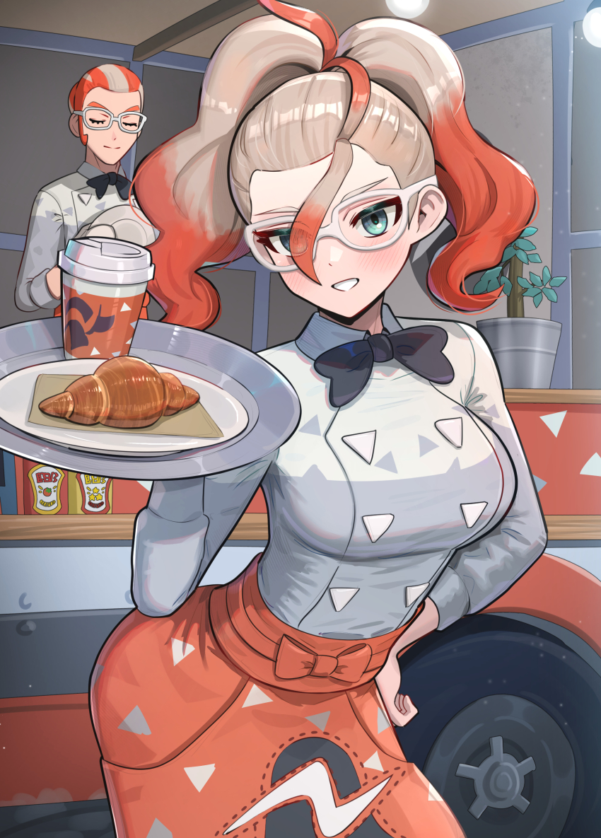 1boy, 1girl, absurdres, apron, black_bow, black_bowtie, blue_eyes, blush, bow, bowtie, breasts, cleaning_rag, closed_eyes, closed_mouth, cowlick, croissant, cup, disposable_coffee_cup, disposable_cup, food, food_truck, glasses, gonzarez, gradient_hair, griselle_(pokemon), grisham_(pokemon), hair_pulled_back, hand_on_own_hip, highres, holding, holding_plate, holding_tray, ketchup_bottle, large_breasts, looking_at_viewer, multicolored_hair, mustard_bottle, nintendo, open_mouth, orange_apron, orange_hair, plant, plate, pokemon, pokemon_legends:_z-a, ponytail, potted_plant, print_apron, red_apron, red_hair, shirt, short_ponytail, smile, split_ponytail, tray, two-tone_hair, waist_apron, white-framed_eyewear, white_hair, white_shirt