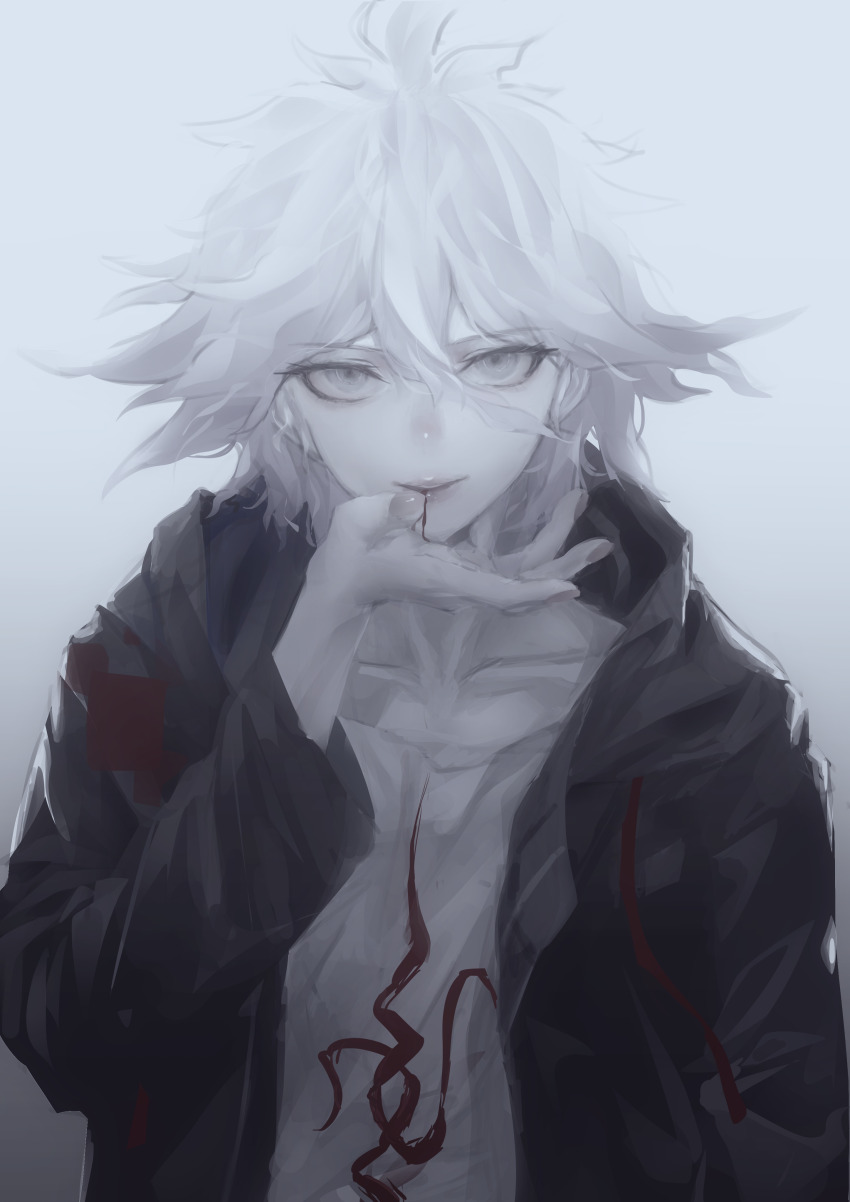 1boy, absurdres, blood, blood_from_mouth, danganronpa_(series), danganronpa_2:_goodbye_despair, gradient_background, green_jacket, grey_hair, hair_between_eyes, hand_up, highres, jacket, komaeda_nagito, long_sleeves, male_focus, messy_hair, open_clothes, open_jacket, print_shirt, sachicoart, shirt, simple_background, smile, solo, white_background, white_shirt