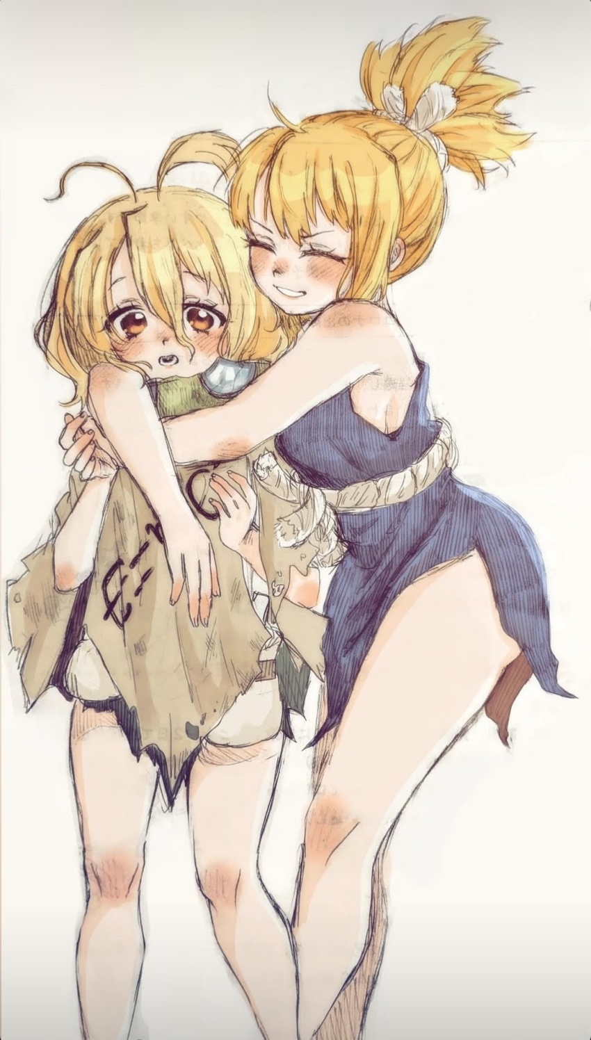 2girls, antenna_hair, ass, blonde_hair, blue_dress, blush, breasts, closed_eyes