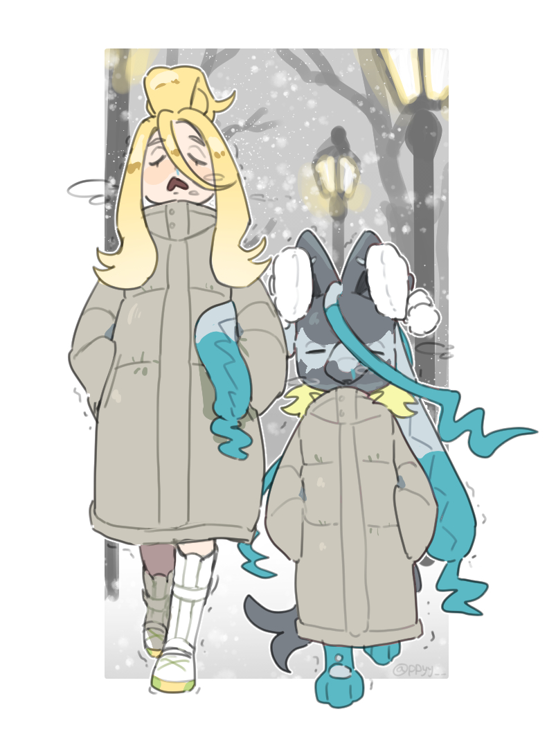 1girl, black_fur, blonde_hair, blue_fur, boots, closed_eyes, clothed_pokemon, coat