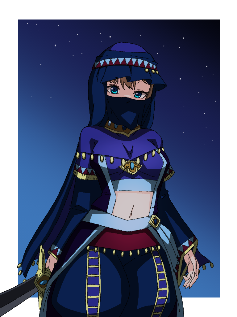 1girl, aqua_eyes, arabian_clothes, border, breasts, brown_hair, desert_assassin_(grimms_notes), grimms_notes, holding, holding_sword, holding_weapon, kamix2_odai, looking_at_viewer, navel, sky, solo, star_(sky), starry_sky, sword, weapon, white_border