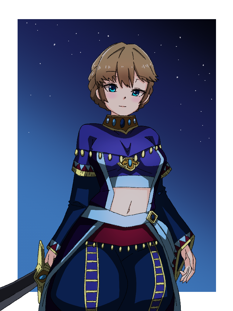 1girl, aqua_eyes, arabian_clothes, border, breasts, brown_hair, desert_assassin_(grimms_notes), grimms_notes