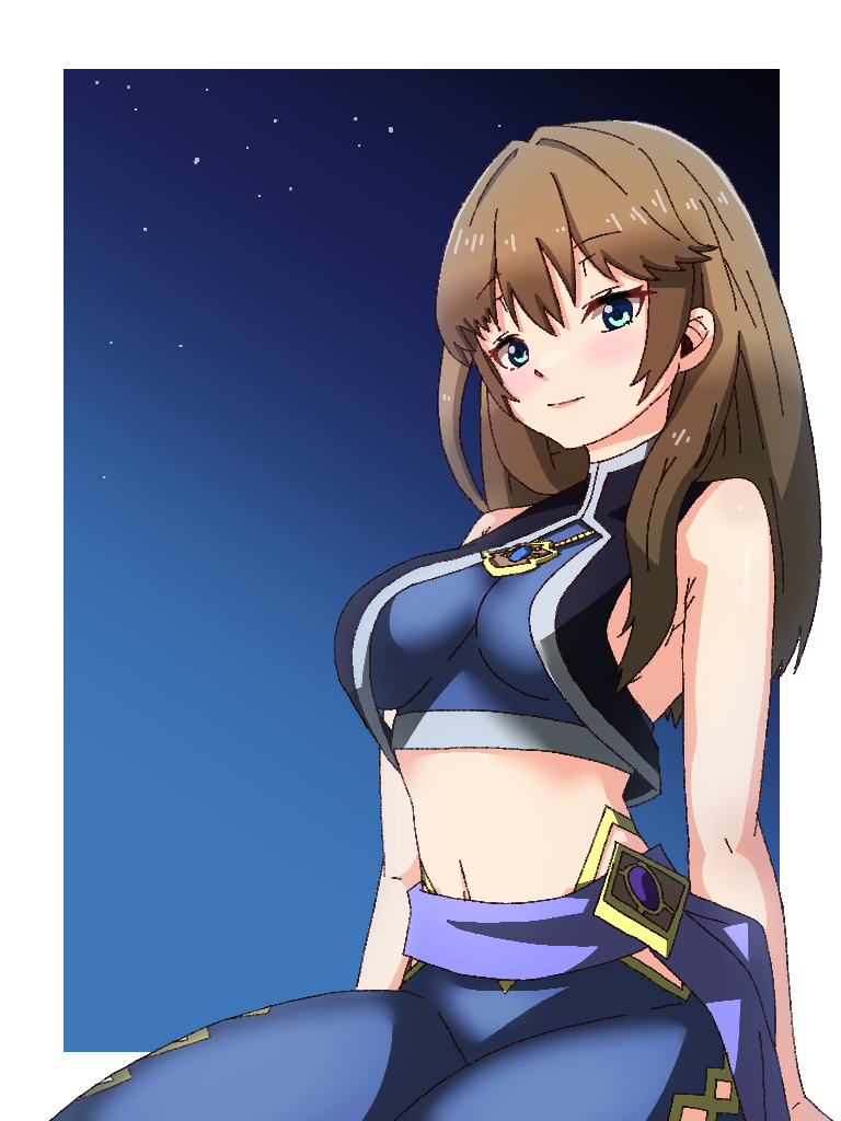 1girl, aqua_eyes, arabian_clothes, border, breasts, brown_hair, closed_mouth, desert_assassin_(grimms_notes)