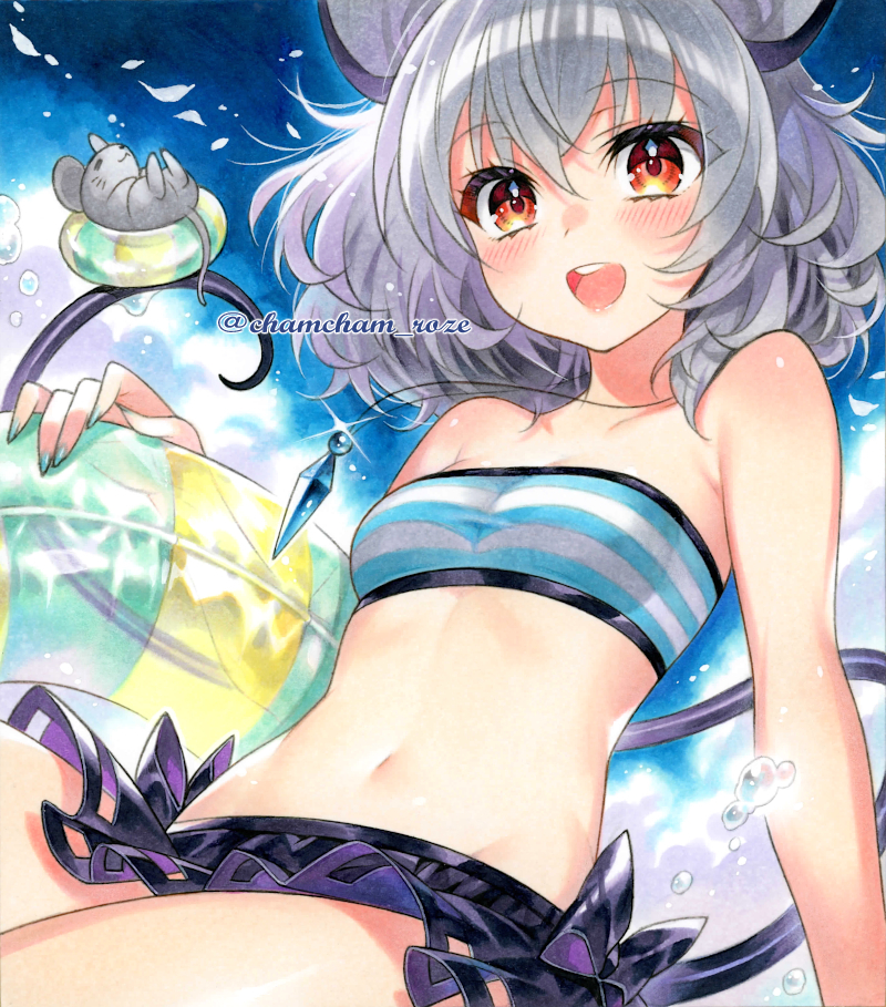 1girl, :d, alternate_costume, animal_ears, bare_shoulders, bikini, black_bow, blue_background, blue_bikini, bow, breasts, chacham, commentary_request, grey_hair, holding, holding_swim_ring, innertube, looking_at_viewer, marker_(medium), mouse_ears, mouse_girl, mouse_tail, navel, nazrin, nazrin_day, open_mouth, red_eyes, short_hair, small_breasts, smile, solo, stomach, strapless, strapless_bikini, striped_bikini, striped_clothes, swim_ring, swimsuit, tail, teeth, touhou, traditional_media, upper_teeth_only