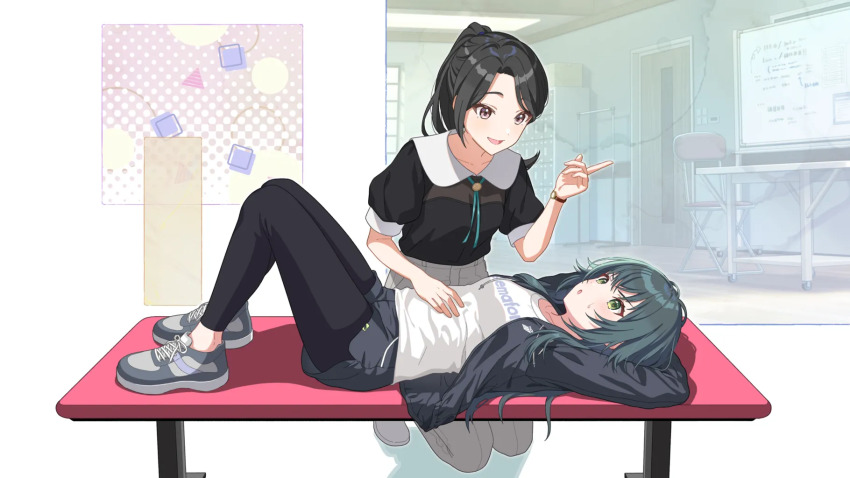 2girls, bench, black_hair, chair, door, english_text, gakuen_idolmaster, game_cg