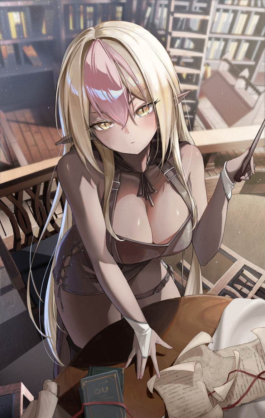 1girl, absurdres, bare_shoulders, belt, blonde_hair, blurry, blurry_background, blush