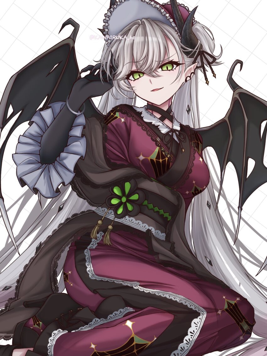 1girl, black_hands, breasts, choker, colored_extremities, crossed_bangs, demon_girl, demon_horns, demon_wings, ear_piercing, fate/grand_order, fate_(series), frilled_hairband, frills, green_eyes, grey_hair, hair_between_eyes, hairband, highres, horns, japanese_clothes, kawairuka_ko, kimono, lilith_(fate), lilith_(kyomaf_2025)_(fate), long_hair, looking_at_viewer, medium_breasts, obi, parted_lips, piercing, pointy_ears, purple_kimono, revision, sash, smile, solo, twintails, very_long_hair, wings