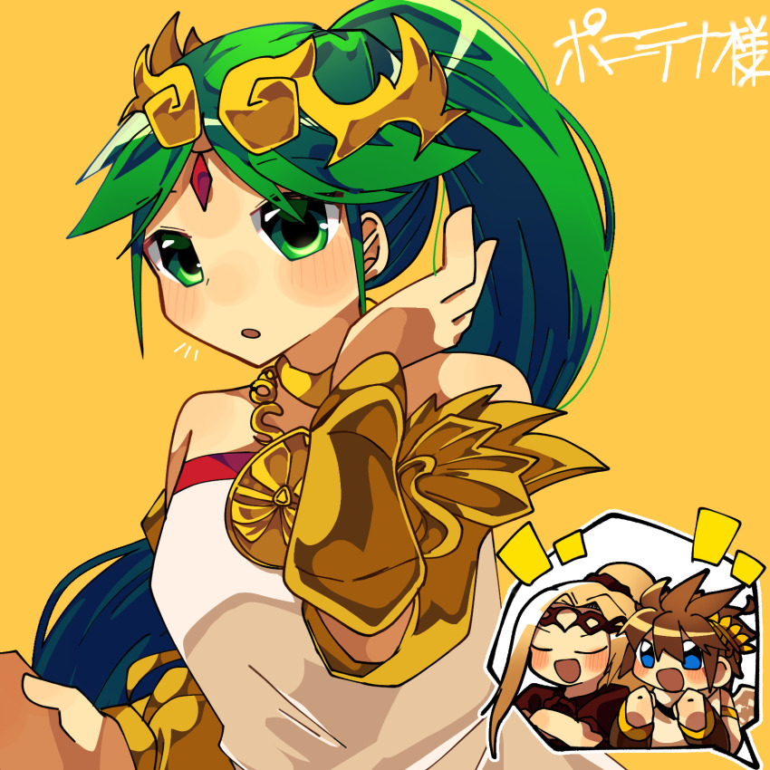 1boy, 2girls, alternate_hairstyle, blonde_hair, blue_eyes, brown_hair, circlet, closed_eyes, green_eyes, green_hair, highres, kid_icarus, kid_icarus_uprising, multiple_girls, nintendo, open_mouth, palutena, pit_(kid_icarus), ponytail, ritomasu_(crsk4373), simple_background, viridi, yellow_background
