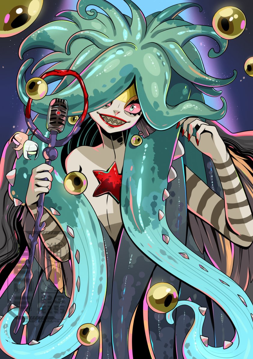 1girl, beneceadraws, breasts, colored_sclera, green_hair, grin, hades_(series), hades_2