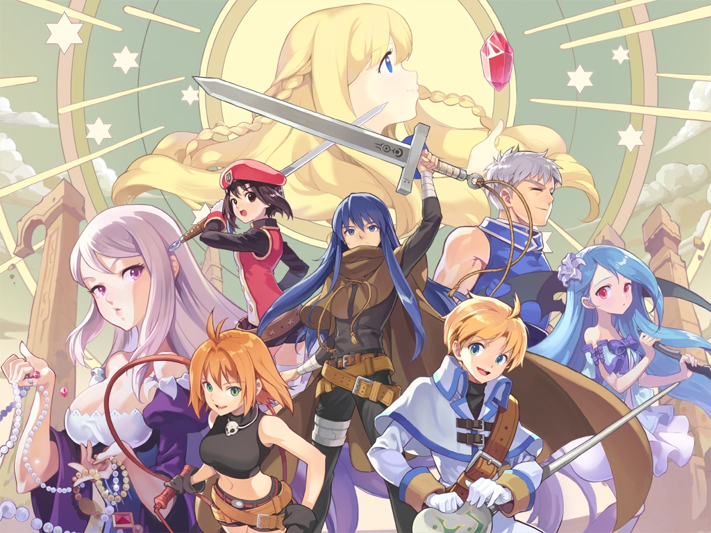 3boys, 5girls, ahoge, antenna_hair, arm_wrap, artist_request, asymmetrical_bangs, badge