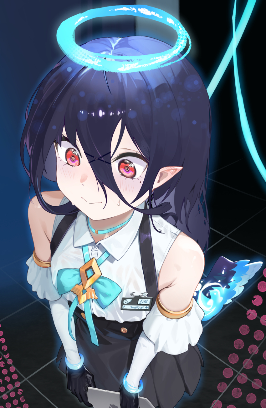 1girl, @_@, bare_shoulders, black_gloves, black_hair, black_skirt, blue_bow, blush