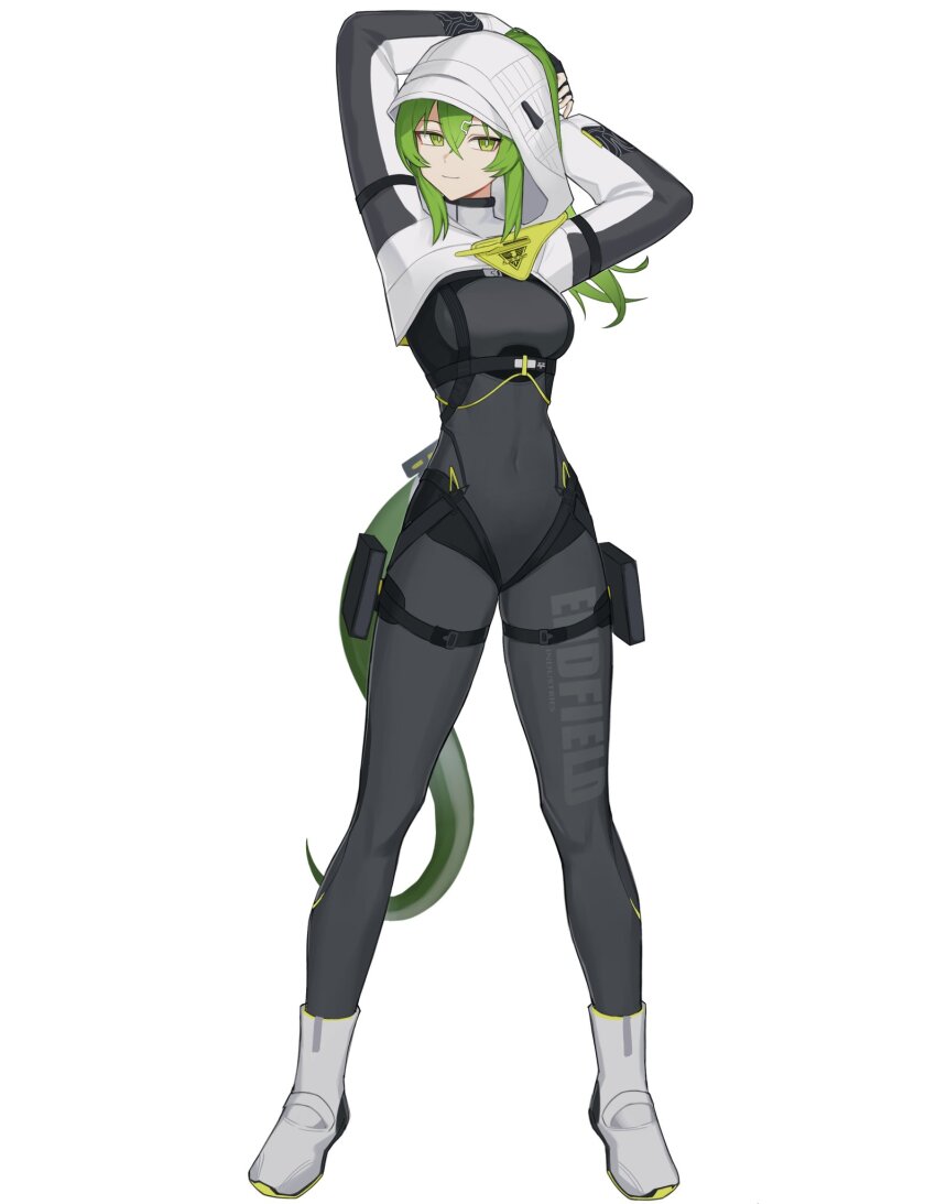 1girl, arknights, arknights:_endfield, bajigurr, black_bodysuit, bodysuit, covered_navel, crocodile_girl, crocodilian_tail, fluorite_(arknights), green_eyes, green_hair, hair_through_hood, highres, hood, hood_up, hooded_shrug, impossible_bodysuit, impossible_clothes, lizard_tail, long_hair, shrug_(clothing), simple_background, smile, snake_girl, snake_tail, solo, tail, white_background, white_shrug