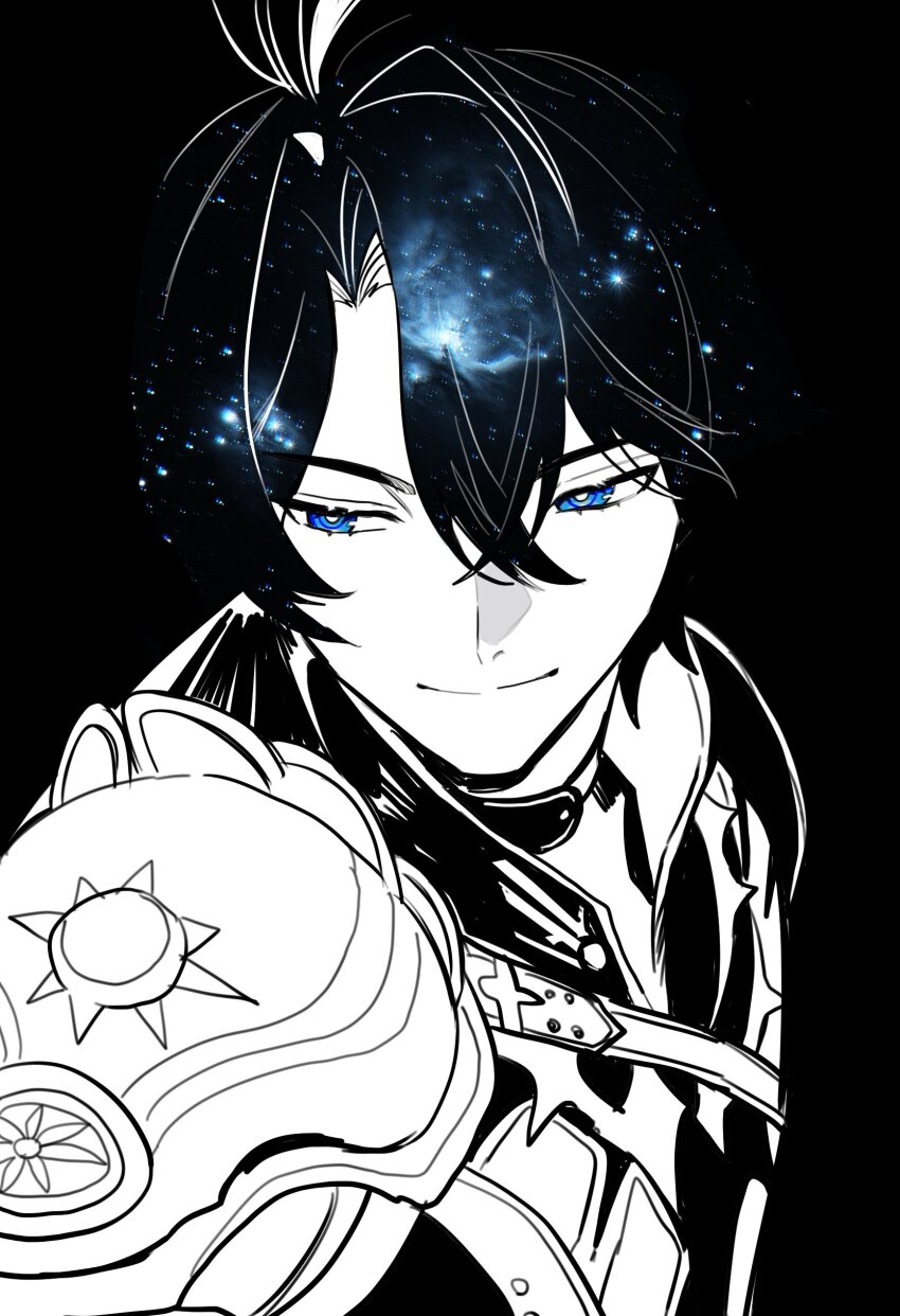 1boy, absurdres, armor, black_background, blue_eyes, chest_strap, choker, collared_shirt