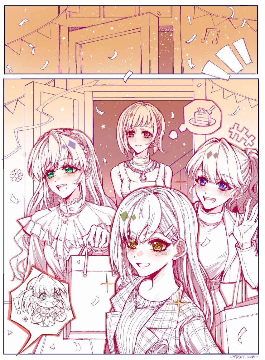 +++, 5girls, aqua_eyes, bag, birthday_party, braid, cake, cake_slice