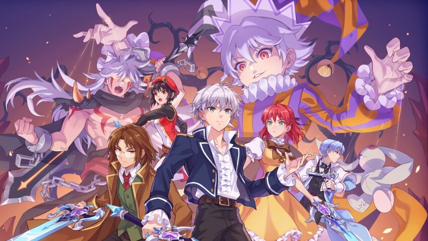 2girls, 5boys, alecto_(tales_weaver), antenna_hair, artist_request, badge, bare_pectorals, bare_tree