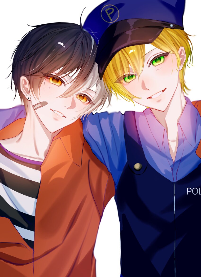 2boys, absurdres, alternate_costume, amptakxcolors, arm_around_shoulder, bandaid, bandaid_on_face, bimigohan16