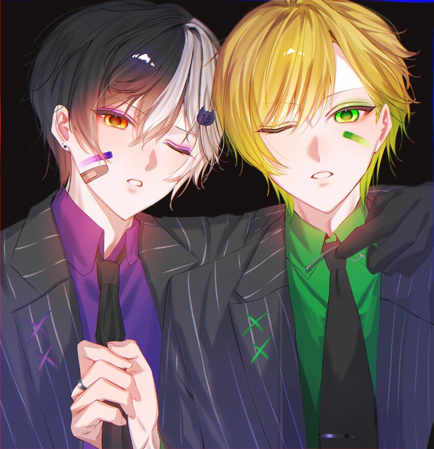 2boys, absurdres, amptakxcolors, bandaid, bandaid_on_face, bimigohan16, black_gloves, black_hair
