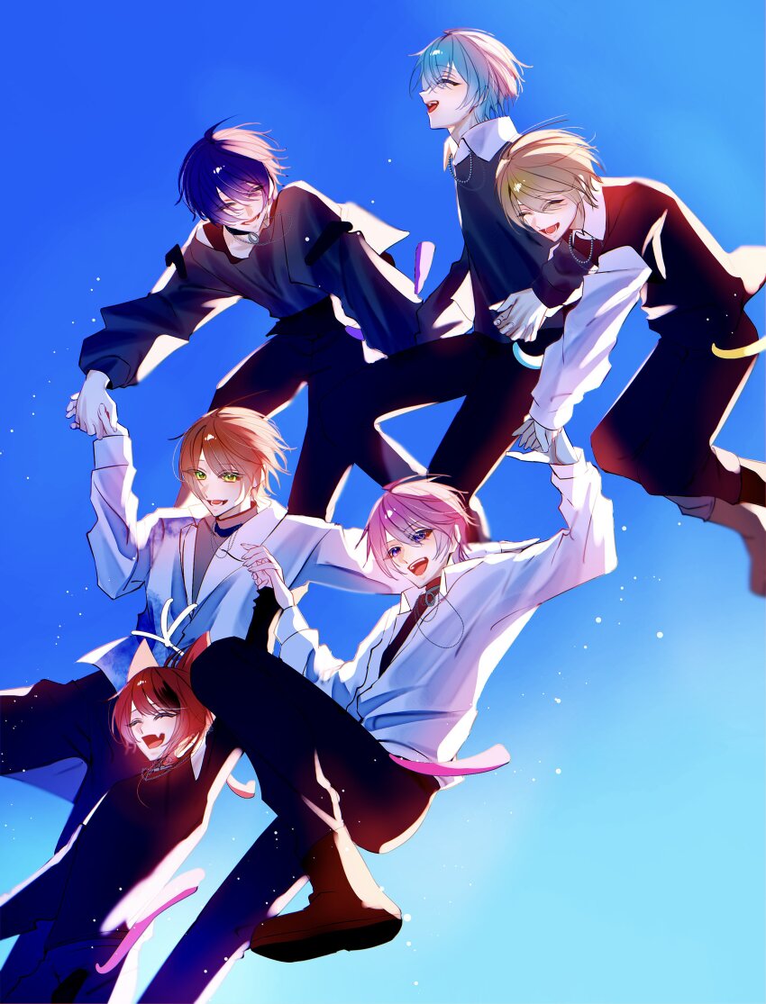 6+boys, absurdres, animal_ears, bimigohan16, black_pants, black_shirt, blonde_hair, blue_hair