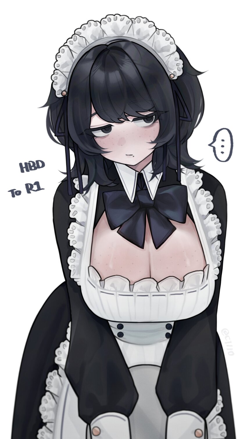 ..., 1girl, absurdres, apron, bags_under_eyes, black_dress, black_eyes, black_hair, body_freckles, breast_freckles, breasts, cleavage, closed_mouth, dress, expressionless, freckles, highres, huang_qianrong, large_breasts, long_sleeves, maid, maid_headdress, mole, mole_under_mouth, original, short_hair, solo, spoken_ellipsis, white_apron, wolf_cut