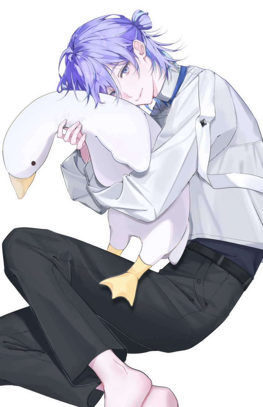 1boy, absurdres, arm_strap, barefoot, black_pants, black_shirt, blue_hair, commentary