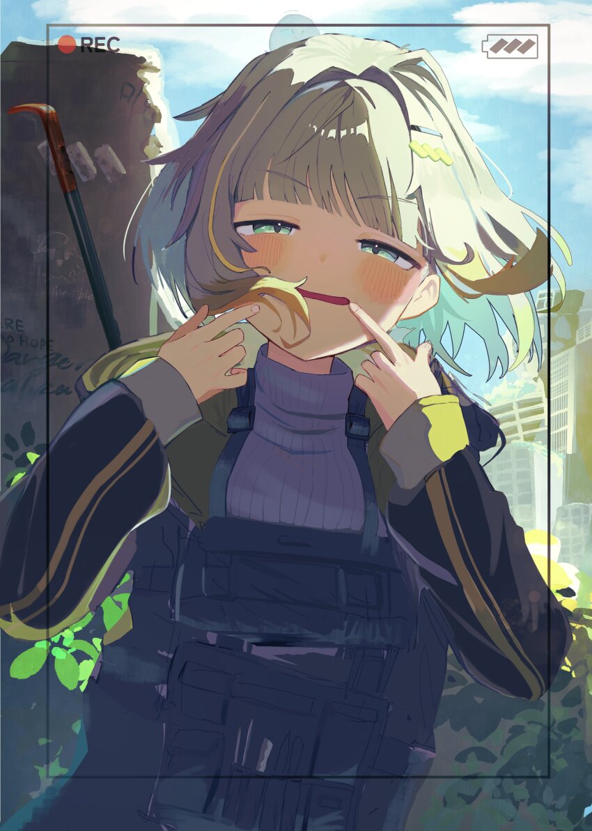 1girl, a.i._voice, absurdres, alternate_costume, battery_indicator, black_jacket, blonde_hair, blonde_streaks