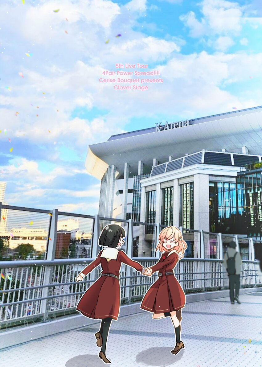 2girls, :d, ^_^, black_pantyhose, black_socks, blue_sky, brown_dress, brown_shoes