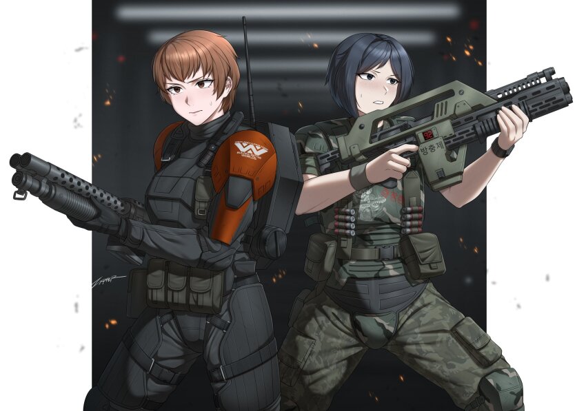 2girls, alien_(series), alien_vs._predator, aliens_(1986), ammunition, ammunition_pouch, armat_m40_hedp_grenade, assault_rifle