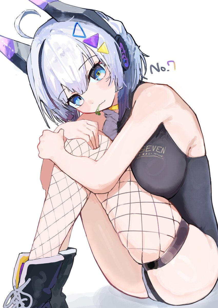 1girl, absurdres, ahoge, black_leotard, blue_eyes, breasts, character_name, commentary_request, feet_out_of_frame, fishnet_thighhighs, fishnets, food, food_in_mouth, hair_ornament, headgear, highres, hugging_own_legs, large_breasts, leotard, looking_at_viewer, mouth_hold, multicolored_leotard, neutrino_(software), no._7_(neutrino), no_jacket, sabiaji_(gama_ou), shoes, short_hair, simple_background, sitting, sneakers, solo, thighhighs, triangle_hair_ornament, two-tone_leotard, vegetable, voicevox, white_background, white_hair, white_leotard