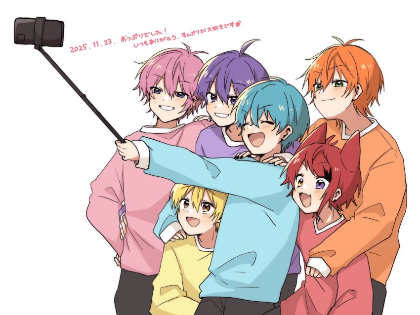 6+boys, ahoge, animal_ears, antenna_hair, blonde_hair, blue_hair, blue_shirt, closed_eyes