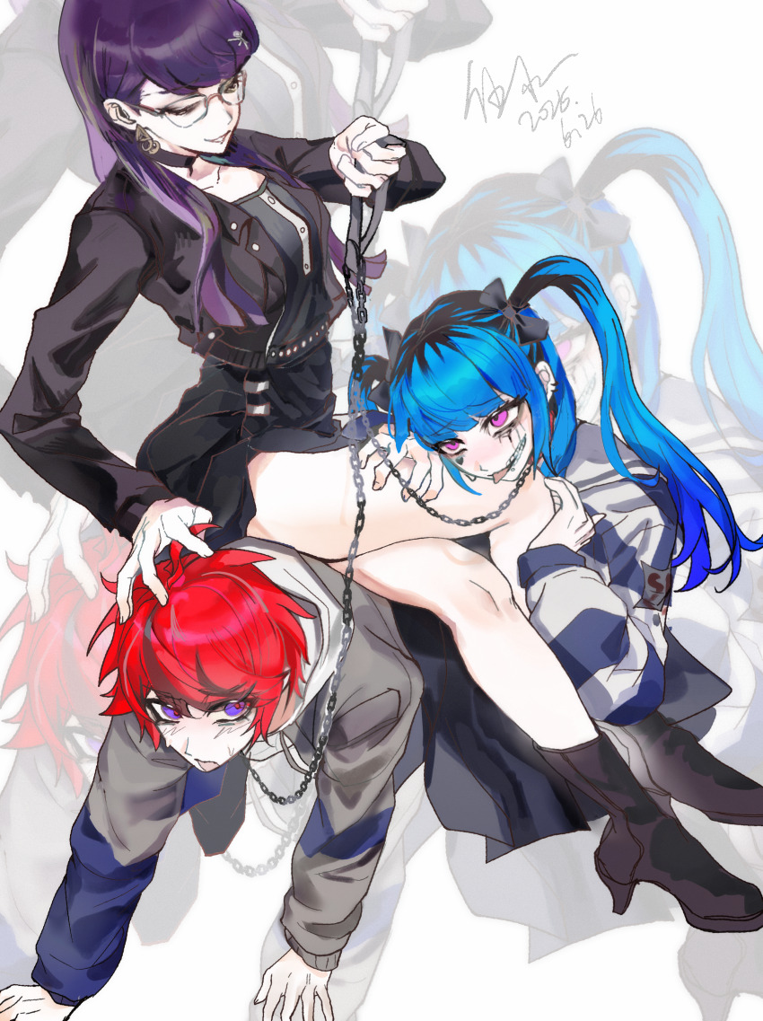 1boy, 2girls, absurdres, ahoge, all_fours, amemiya_darumi, bisexual_female, black_boots