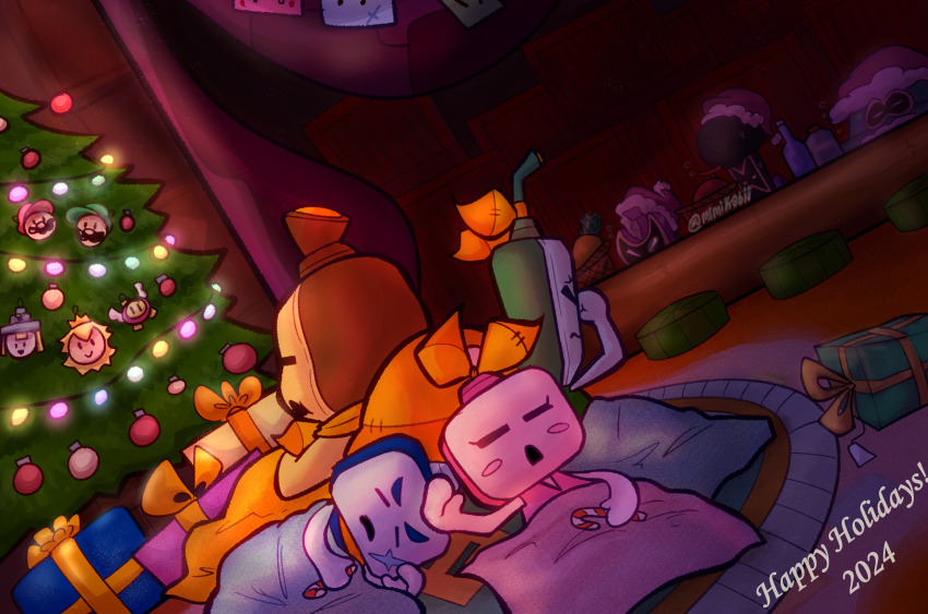 1girl, 2024, 6+boys, absurdres, blue_skin, blush_stickers, box, candy, candy_cane, christmas, christmas_lights, christmas_tree, closed_eyes, colored_skin, connie_(mario), dulles_(mario), dutch_angle, ecks_(mario), ellow_(mario), food, gift, gift_box, happy_holidays, hat, highres, holding, holding_candy, holding_candy_cane, holding_food, indoors, ireen_(mario), loog_(mario), luigi, mario, mario_&amp;_luigi:_brothership, mario_&amp;_luigi_rpg, mario_(series), mimikabii, multiple_boys, nintendo, peeking_out, pink_skin, princess_peach, santa_hat, scar, scar_on_face, shun_(mario), sleeping, snoutlet_(mario), ten_(mario), twitter_username