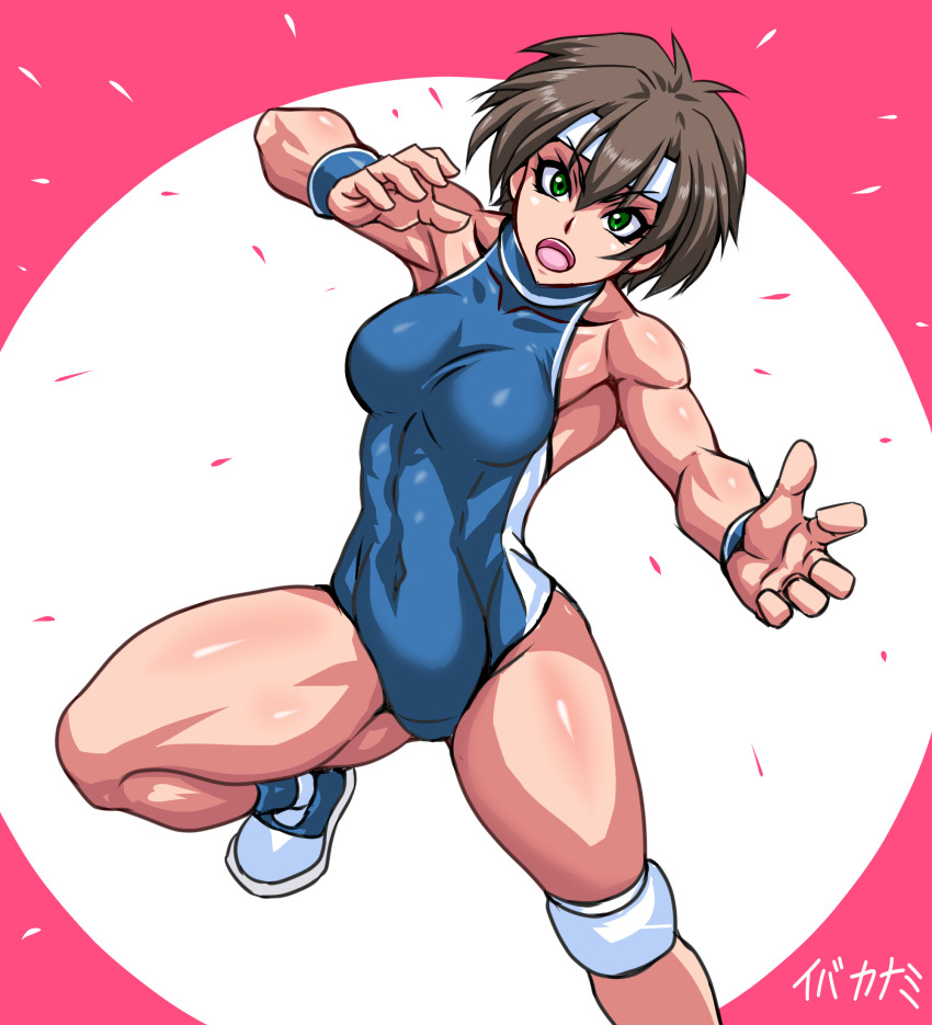 1girl, boots, brown_hair, green_eyes, headband, highres, kannai_iba, leotard, muscular, muscular_female, original, shiny_skin, solo, tagme, taroimo_(00120014), wrestler, wrestling_outfit, wristband