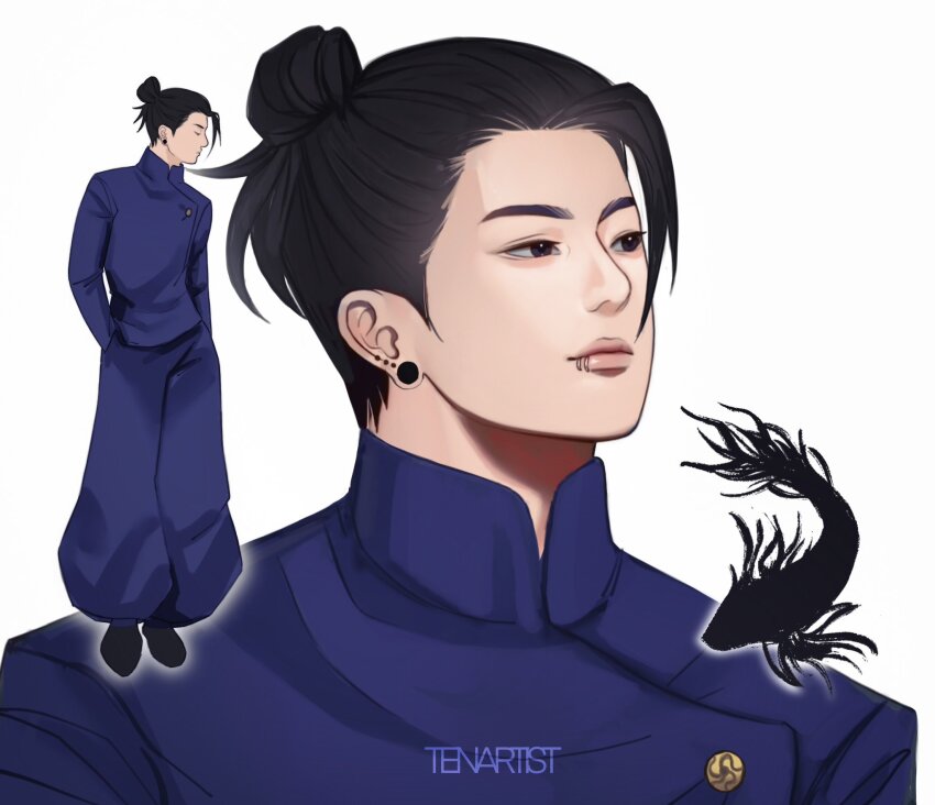 1boy, artist_name, baggy_pants, bangtan_boys, black_eyes, black_fish, black_hair, black_shoes