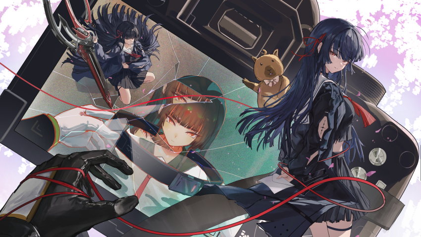 1girl, absurdres, arm_cutout, black_gloves, black_hair, black_jacket, black_shirt, black_skirt