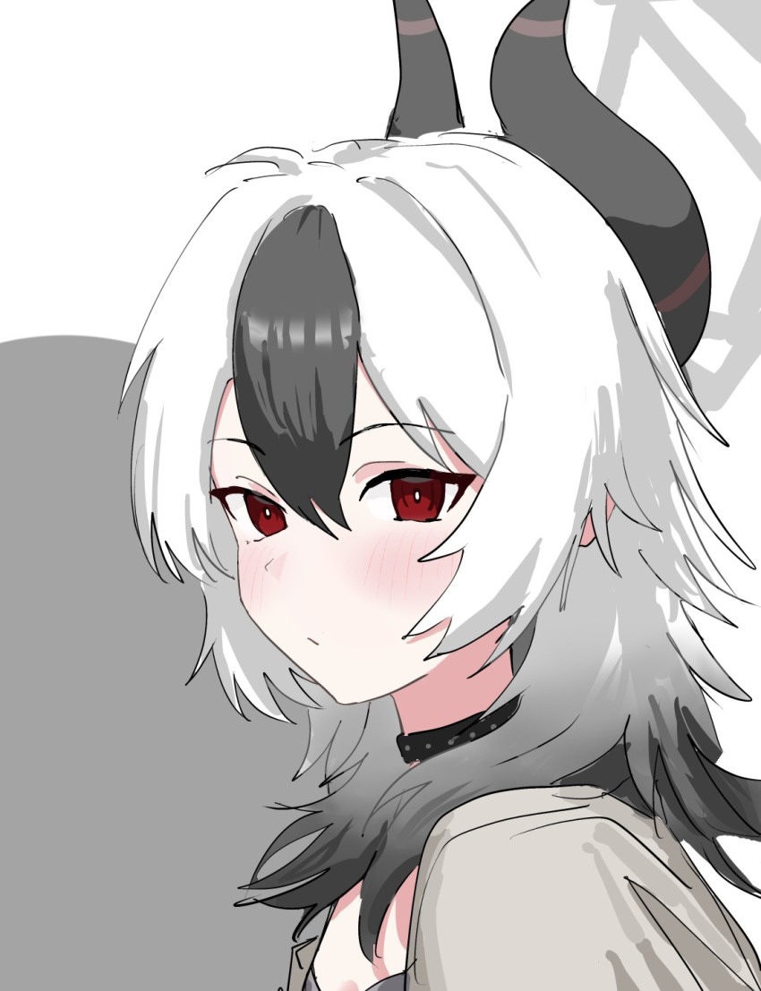 1girl, alternate_hairstyle, black_choker, black_dress, black_hair, blue_archive, choker, colored_bangs, commentary_request, dejigura, demon_horns, dress, from_side, gradient_hair, grey_background, grey_jacket, hair_between_eyes, hair_intakes, halo, highres, horns, jacket, kayoko_(blue_archive), kayoko_(dress)_(blue_archive), light_blush, looking_at_viewer, multicolored_hair, official_alternate_costume, portrait, red_eyes, solo, two-tone_hair, white_background, white_hair, wolf_cut