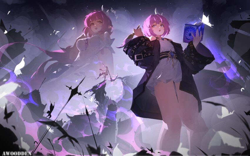 3girls, absurdres, artist_name, as_i've_written_(honkai:_star_rail), awoodden, bare_shoulders, book, breasts