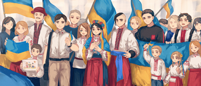 6+boys, 6+girls, child, commentary, drawing_(object), embroidery, english_commentary, flag