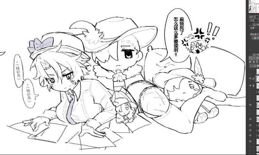 1girl, art_program_in_frame, ascot, candied275, cape, character_doll, chinese_text, cinq_association_west_uniform, closed_mouth, doll, genderswap, genderswap_(mtf), greyscale, hair_intakes, hair_over_one_eye, hat, hat_feather, heathcliff_(project_moon), limbus_company, looking_down, meursault_(project_moon), monochrome, oufi_association_south_uniform, panties, paperwork, project_moon, scar_on_thighs, thighhighs, translation_request, underwear