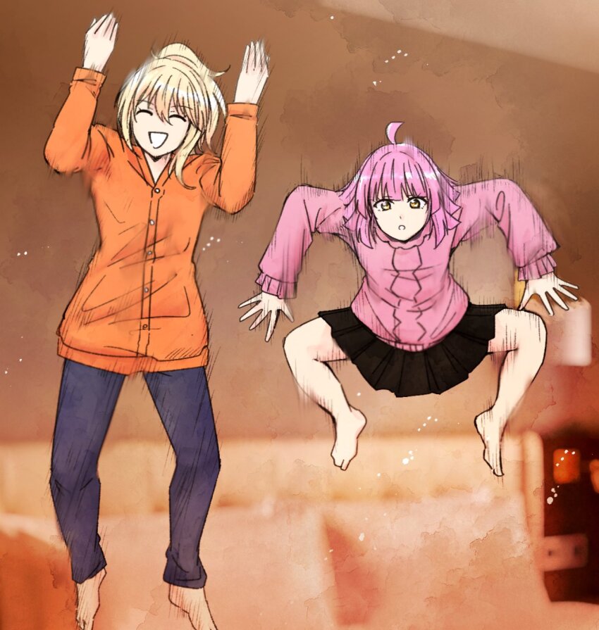 2girls, :d, :o, ^_^, ahoge, arms_up, barefoot, black_skirt