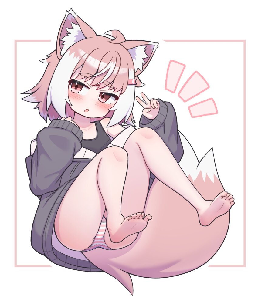 1girl, :o, animal_ear_fluff, animal_ears, bare_legs, barefoot, black_hoodie, black_tank_top, blush, border, commentary, curled_up, fang, highres, hood, hood_down, hoodie, long_sleeves, looking_at_viewer, multicolored_hair, no_pants, off_shoulder, open_clothes, open_hoodie, original, panties, parted_lips, pink_border, pink_eyes, pink_hair, roro_(roshi_to), roshi_to, short_hair, skin_fang, soles, striped_clothes, striped_panties, untranslatable_commentary, tail, tank_top, two-tone_hair, underwear, v, white_background, white_hair, wolf_ears, wolf_girl, wolf_tail