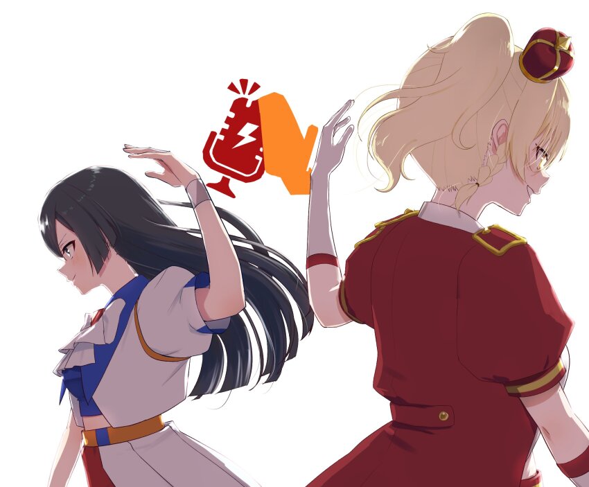 2girls, arched_crown, ascot, black_hair, blonde_hair, blue_shirt, bow, bowtie