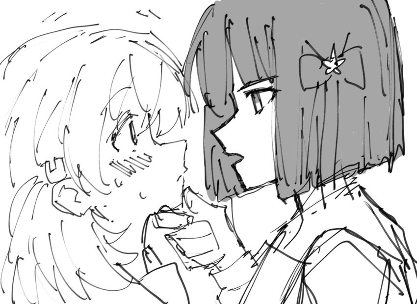 2girls, alt_text, blunt_bangs, blunt_ends, blush, closed_mouth, commentary_request, eye_contact