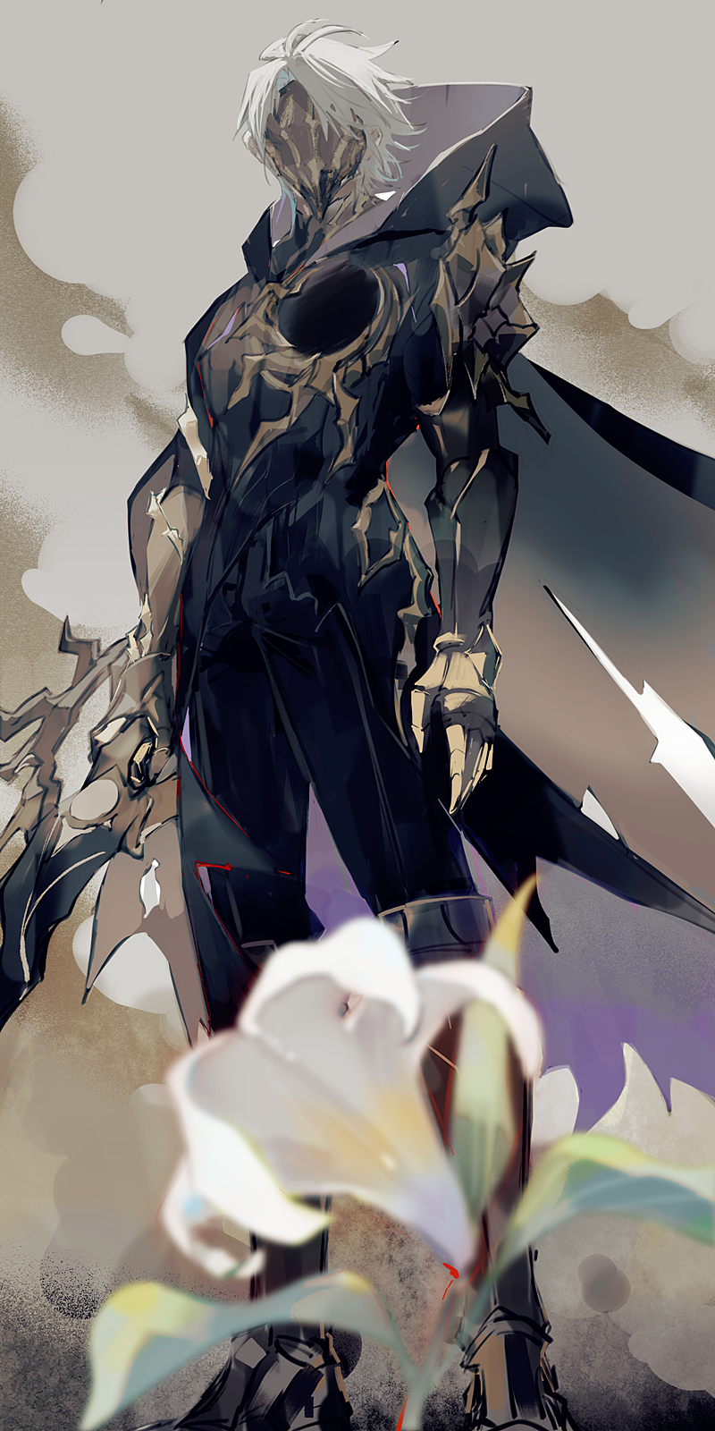 1boy, antenna_hair, armored_boots, black_cloak, black_pants, boots, chinese_commentary, clawed_gauntlets