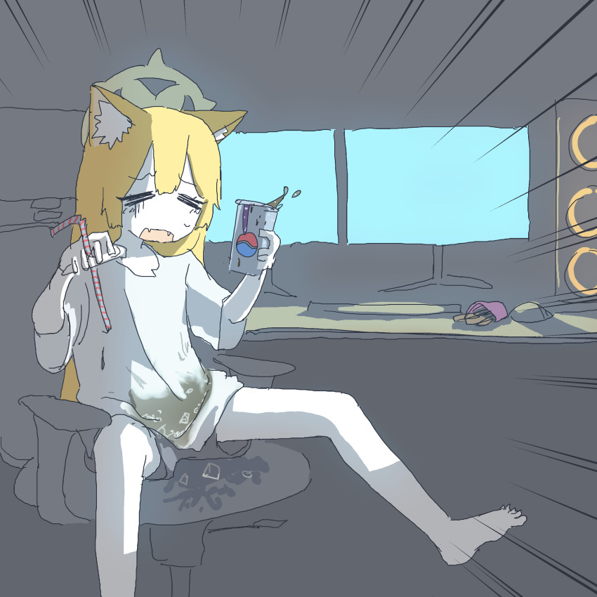 1girl, absurdres, alternate_costume, animal_ear_fluff, animal_ears, barefoot, blue_archive, burger