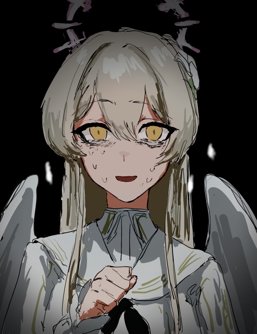 1girl, bags_under_eyes, black_background, black_neckerchief, blonde_hair, blue_archive, capelet, clenched_hand