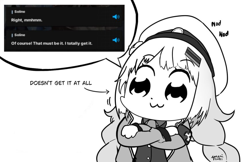 1girl, :3, artist_name, closed_mouth, cowboy_shot, crossed_arms, english_text, game_screenshot_inset