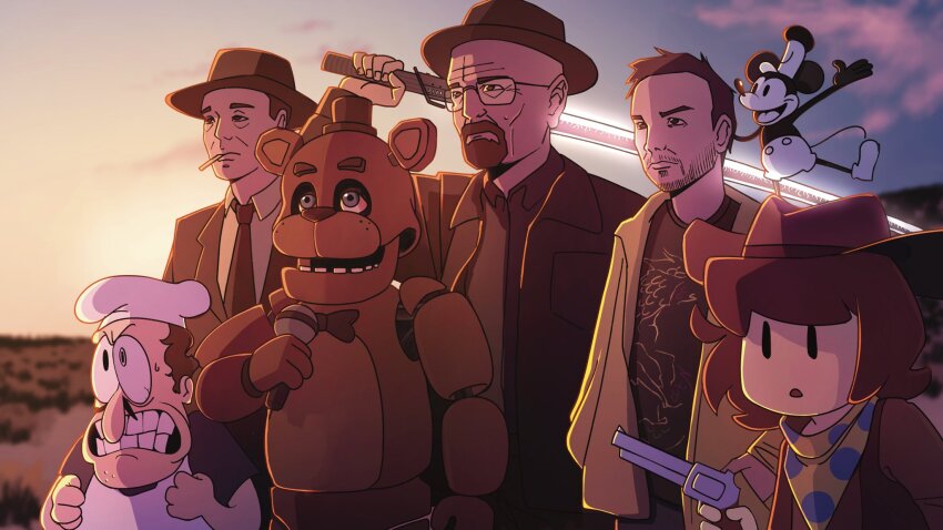 5boys, animatronic, beard, breaking_bad, brown_hair, brown_hat, brown_jacket, brown_necktie